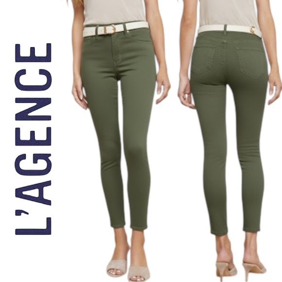 L’AGENCE Margot Crop Skinny Jeans Ivy Green High-Rise Coated Stretch Denim Sz 27 - Picture 1 of 12